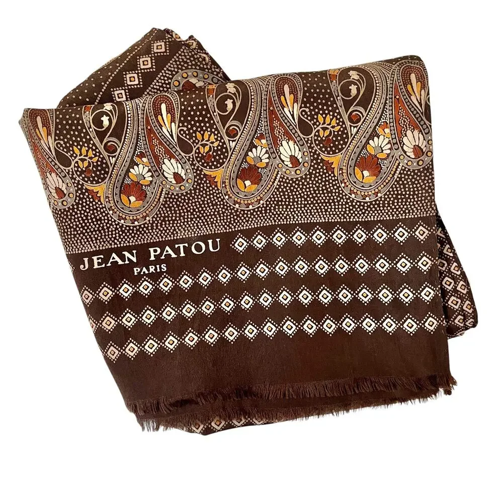 Jean Patou Paris Vintage Earth-Tone Paisley Long Rectangle Fringe Silk Scarf